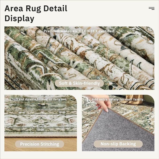 Soalmost 6x9 Area Rug for Living Room Washable Rugs Non-Slip Olive Beige | Low-Pile Vintage Carpet for Dining Bedroom, Foldable Thin Stain Resistant Floor Mat Under Table Home Office Nursery Decor