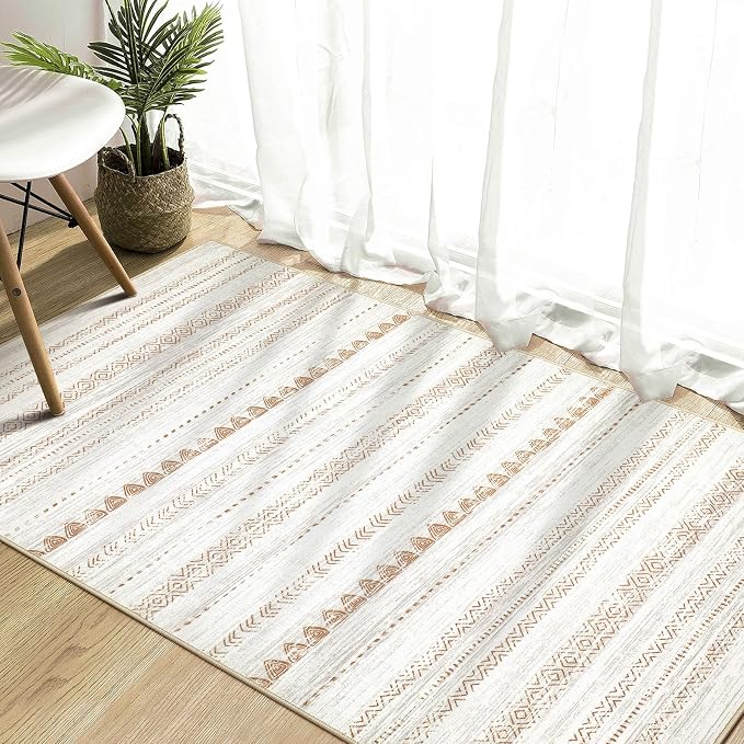 Nakagishi Boho 4x6 Area Rug Living Room Rugs Machine Washable Beige/Brown | Soft, Pet & Kid Friendly, Carpet for Living Room/Bedroom/Office/Kitchen/Nursery, Daily Home Decor Stain Resistant Moroccan