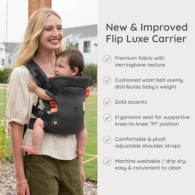 Infantino Flip Luxe 4-in-1 Convertible Baby Carrier, Ergonomic Infant to Toddler Carrier, Updated Lumbar Support, Premium Herringbone Fabric, Elevated Accents, Hands-Free Comfort, 7–35 lbs, Onyx