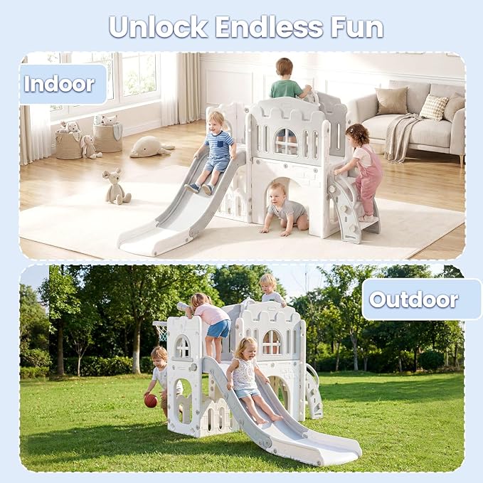 OLAKIDS Toddler Slide, 9 in 1 Kids Indoor Outdoor Playground with Climber Basketball Hoop Telescope Tunnel Corridor Toy Storage Steering Wheel for Boys Girls Aged 1+ (Grey, 54'')