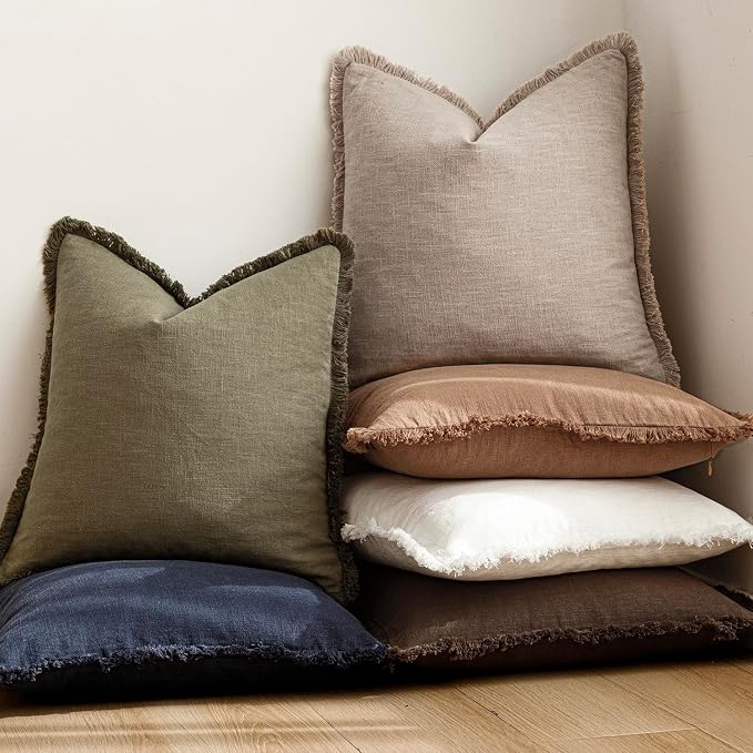 Foindtower Set of 2 Decorative Linen Fringe Lumbar Throw Pillow Covers Farmhouse Cushion Cover with Tassels Accent Pillowcase for Couch Sofa Bed Living Room Home Decor,12×20 Inch,Natural Linen