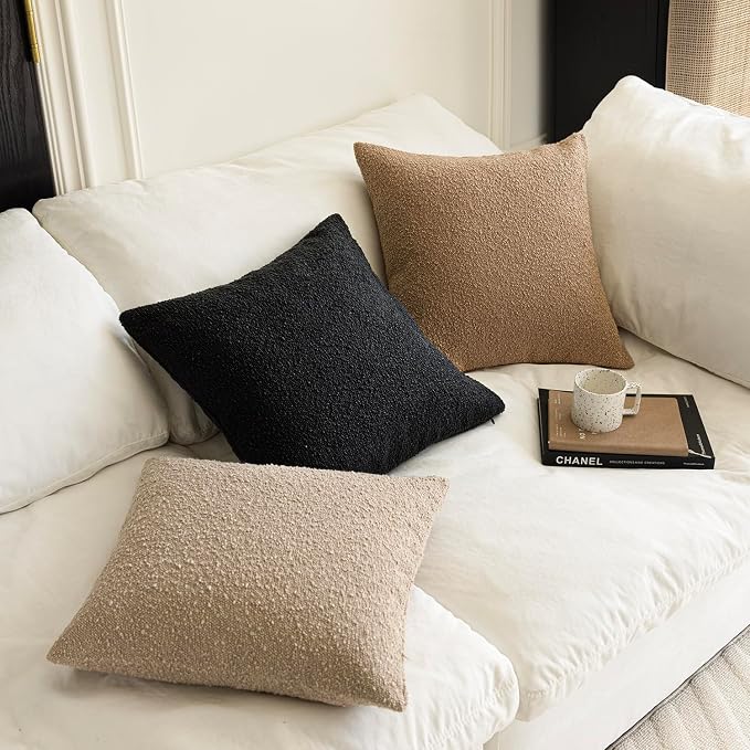 Foindtower Set of 2, Decorative Textured Boucle Throw Pillow Covers Accent Solid Pillow Cases Neutral Soft Cozy Couch Cushion Case for Chair Sofa Bedroom Living Room Home Decor 20 x 20 Inch Black
