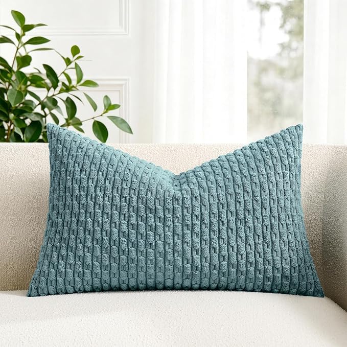 Kevin Textile Soft Corduroy 14"x24" Lumbar Pillow Cover 1 Pack, Blue Grey | Boho Stripe Plush Corduroy Decorative Oblong Cushion Cover Modern Farmhouse Home Decor for Sofa Couch Bed Chair