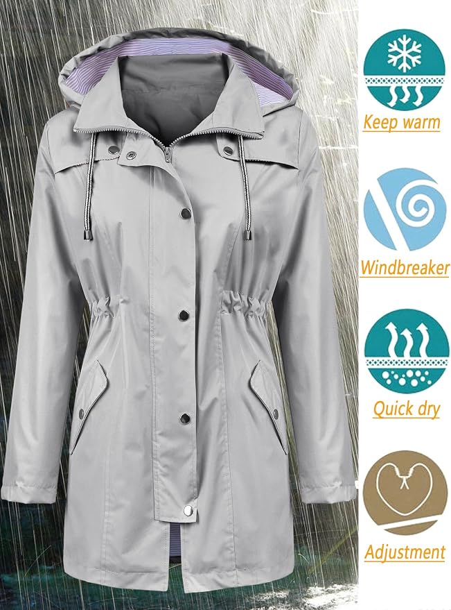 LOMON Raincoat Women Waterproof Long Hooded Trench Coats Lined Windbreaker Travel Jacket S-XXL