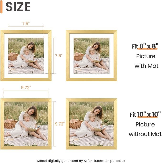 upsimples 10x10 Picture Frame, Display Pictures 8x8 with Mat or 10 x 10 Without, Wall Hanging Square Frames, Gold, 1 Pack