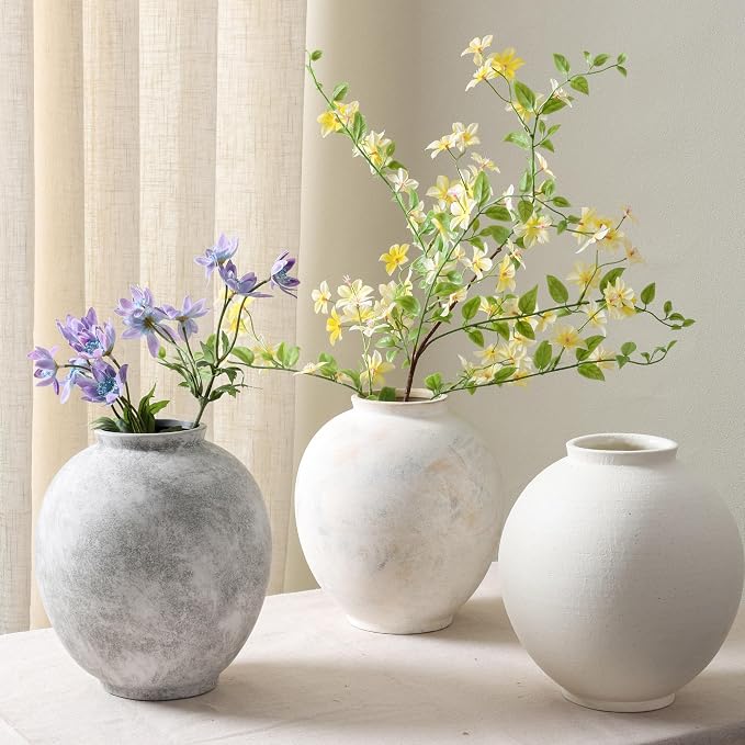 Starttag Large Ceramic Vase, 9.8 inch Rustic Farmhouse Flowers Vase for Home Decor, Sandstone Texture Round Pottery Tall Vase Indoor for Table Living Room Decor, Grey