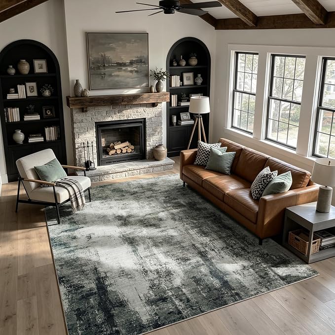 Washable Rugs 8x10 Area Rugs for Living Room,Bedroom,Dining Room-Neutral Modern Abstract Rugs with Non Slip Backing,Large Soft Carpet for High-Traffic Areas Nursery Home Office(Gray Black)