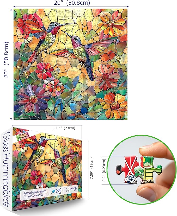 Hummingbird Flower 500 Piece Puzzles for Adults, Stained Glass Jigsaw Puzzles 500 Pieces, Challenging Large Piece Art Puzzle for Gifts Party Family Fun Activity Games 20x20 Inches