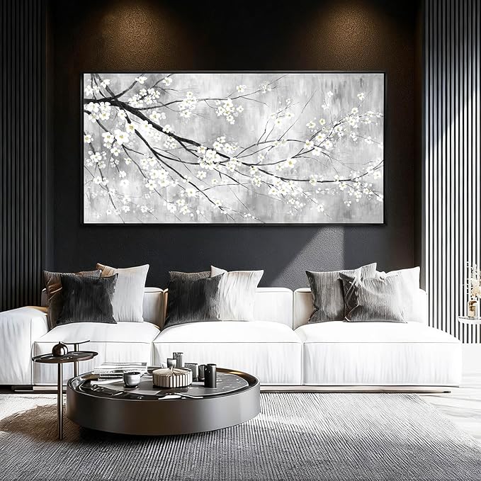 Large Black Framed Minimalist Plum Blossom Wall Art Living Room 29x58 Inch