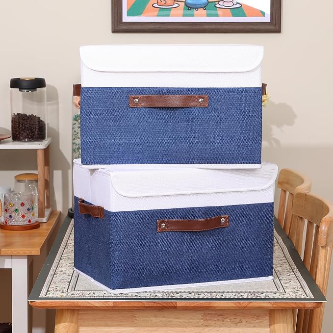 ANMINY Fabric Storage Box Bins with Lids, Blue White, 15"x10"x10", 2 Pack | Keepsake Memory Storage, Cotton Linen, PP Board Reinforced, Washable, PU Handles, Foldable & Stackable, Decorative, Large