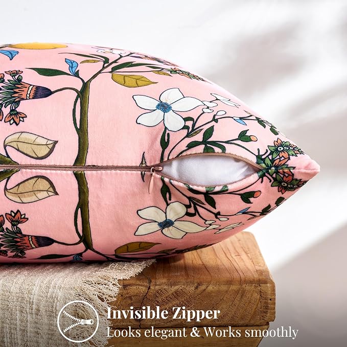 MUSSEL Light Pink Velvet Floral Decorative 20x20 Pillow Covers Set of 2 | Durable Sturdy,Botanical Printed Pattern,Throw Pillows Case,Square,Colorful Mid Century Cushion Covers,Sofa Couch Decor