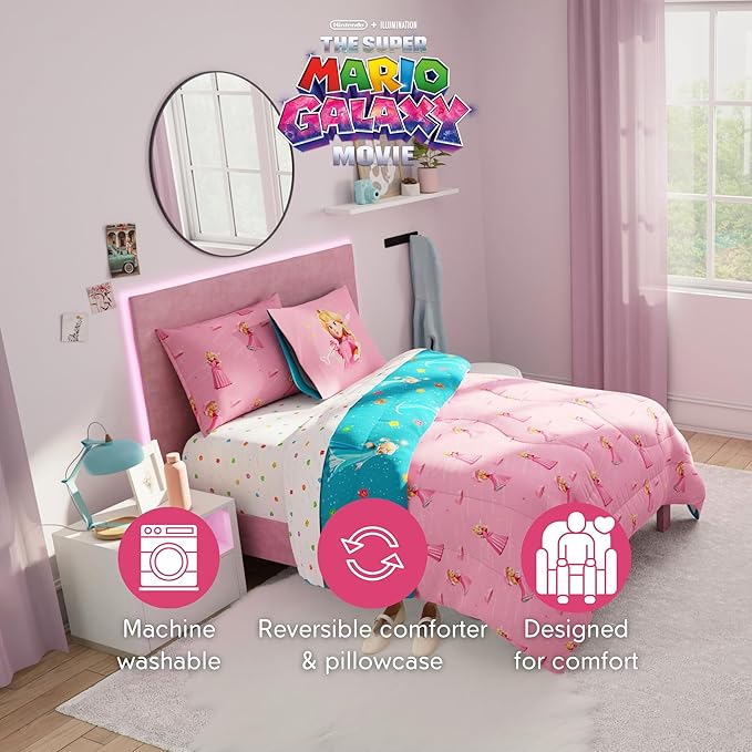 The Super Mario Galaxy Movie Bedding Set, Full Size 7 Piece Set Kids Super Soft Cozy Reversible Comforter and Sheet Set with Sham, Princess Peach (100% Officially Licensed Product) by Franco