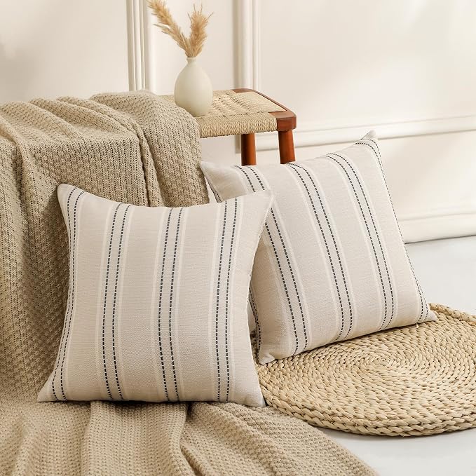 Hckot Throw Pillow Covers 22x22 Set of 2 Striped Pillow Covers Textured Linen Decorative Pillows Square Cushion Covers for Sofa Couch Bed Living Room Farmhouse Decor, Grey