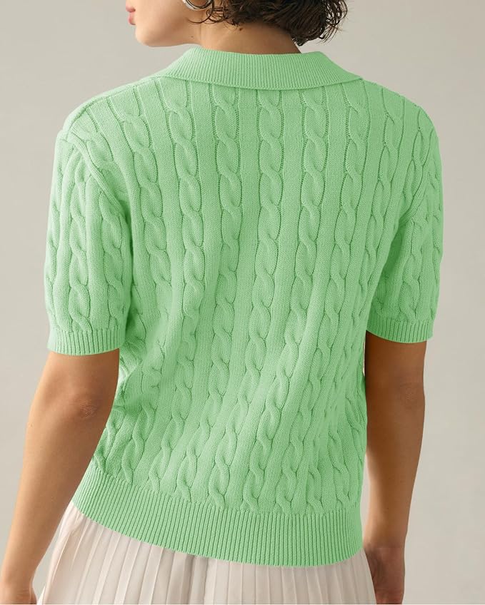 Imily Bela Womens Cable Short Sleeve Sweaters Tops Lapel V Neck Knit Shirt | Solid,Knit Casual,Soft Pullover,Fall Sweaters,Womens Summer Work Tops
