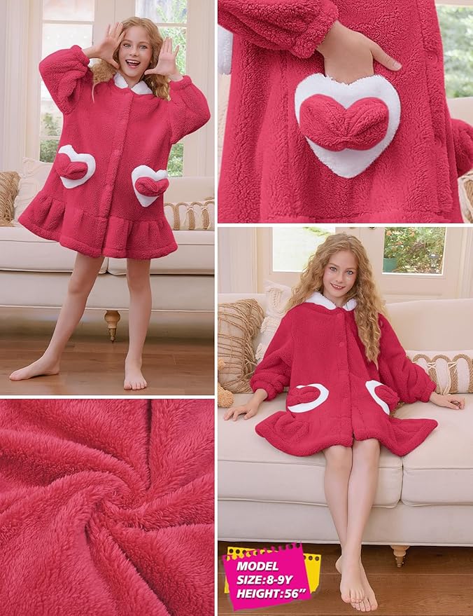 Girls Bathrobes Coral Fleece Button Down Hooded Robes Cute Rabbit Ears Bath Robe Fuzzy Warm Soft Sleepwear