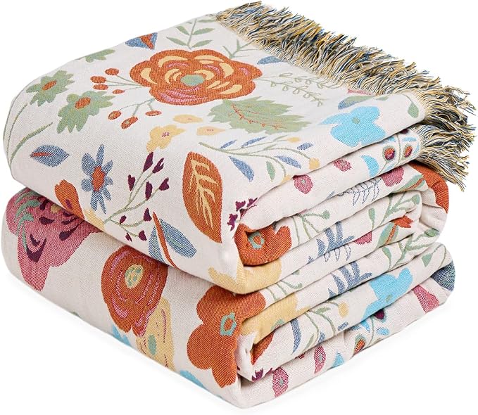 LUTBM Boho Throw Blanket for Bed 60"x80", All Season Cotton Couch Blankets | Reversible Floral Leaves Jacquard, All-Season Twin Lightweight Breathable Quilt, For Chair Sofa Bedroom Living Room Decor