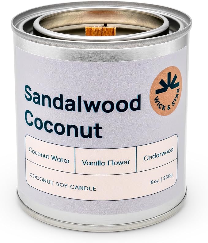 Wick & Star Vegan, Wood Wick, Natural Coconut Soy Wax Aromatherapy Candle, Clean Burning (Sandalwood Coconut)