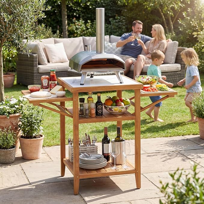 HAPPYGRILL Outdoor Wood Grill Table w/Faux Marble Top, 2-Tier Open Shelves | Outside Kitchen Island & BBQ Prep Table w/Drop-Leaf Side Panels, Acacia Wood Pizza Oven Grill Cart for Patio Backyard Party