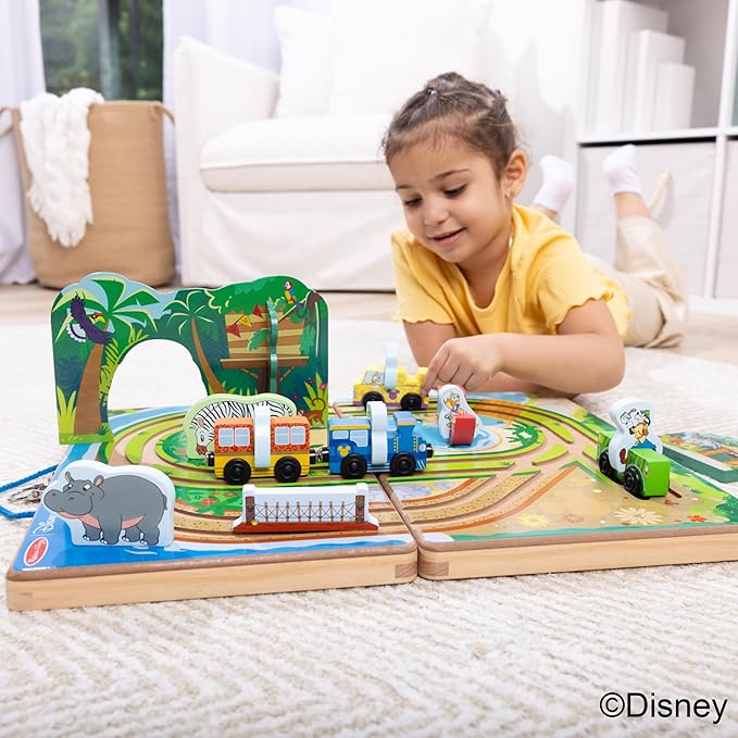 Melissa & Doug Disney Take-Along Safari Adventure Wooden Play Set with Built-in Tracks – 20 Pieces | Mickey Mouse, Minnie, Wooden Toy for Boys and for Girls 3+ - FSC Certified