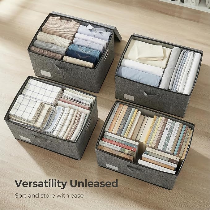 Storage Bins with Lids [3-Pack] Linen Fabric Foldable Storage Boxes Organizer Containers Baskets Cube with Cover for Bedroom Closet Office Grey(23.4X15.9X11.4)