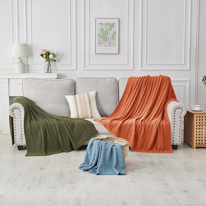 Douceur Orange Throw Blanket for Bed, Soft Cozy Lightweight Stripe Pattern Knitted Throw Blanket for Sofa, Living Room Gift, 50"X60"