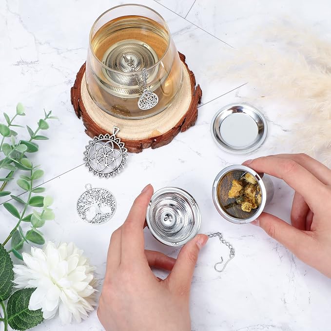 3 Sets Tea Infusers Steeper for Loose Leaf Tea Holder Stainless Steel Tea Ball Mesh Strainer Filters with Drip Trays and Pendant(Plant Style)