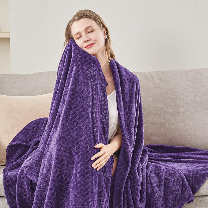 inhand Purple Fleece Twin Blanket, Super Soft Flannel Leaves Pattern Fuzzy Blanket for Couch Sofa Bed, 60 x 90 Inches