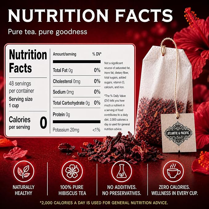 A&P Coffee Organic Hibiscus Tea Bags, 48 Count, Hibiscus Petal Herbal Tea, Naturally Caffeine Free, Rich in Vitamin C, Tart Cranberry Flavor, Hot or Iced Tea, Premium Herbal Infusion, Fresh Aroma