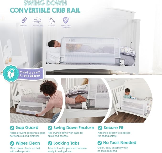 Regalo Safety Swing Down Crib Rail for Toddlers, 33" Baby Bed Rail Guard with Reinforced Anchor Safety System, Convertible Crib Bed Rail, White