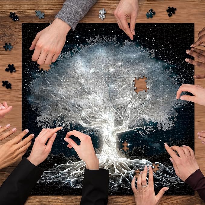 Glowing Tree of Life Puzzle for Adults 1000 Pieces, Fantasy Forest White Tree Under Starry Night Sky Scene Jigsaw Puzzle, Nature Landscape Puzzle, Hard Challenging Puzzles for Adults