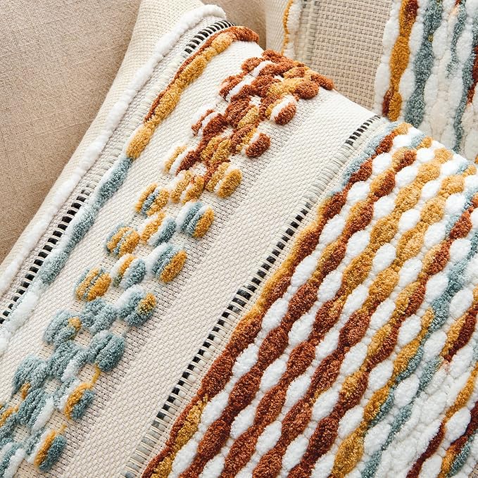 ANRODUO Boho Decorative Throw Pillow Covers Brown Stripe 18x18 Pack of 1 | Throw Pillow Covers, Farmhouse Cushion Case, Chenille Pillow Cases, Pillow Covers, Accent Neutral Pillowcase for Couch Bed