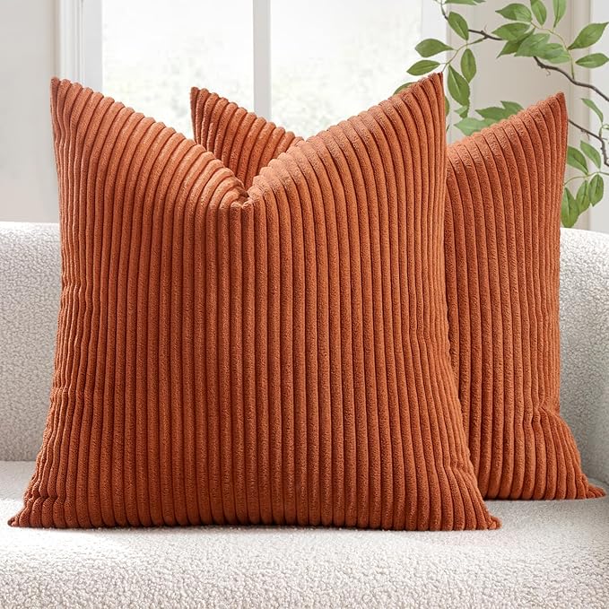 MIULEE Fall Decorative Corduroy Throw Pillow Covers Set of 2 20x20 Rust | Soft Striped Textured Cushion Cases, Boho Rustic Square Pillowcases for Home Decor, for Couch Chair Sofa Bed Living Room