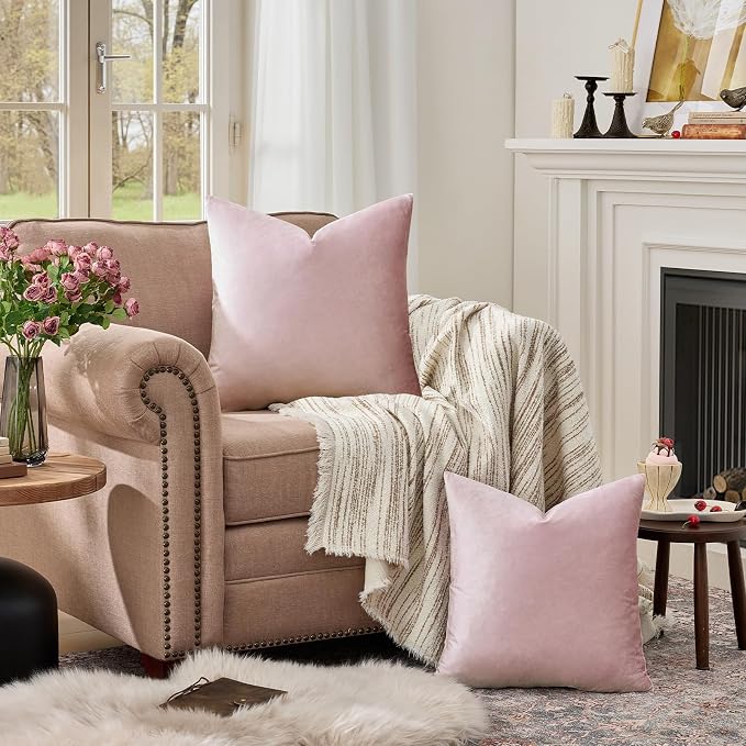 GIGIZAZA Sweet Lilac Velvet Throw Pillow Covers 18x18 Pack of 2 | Decorative Pink Pillows for Couch Sofa,280gsm Soft Textured Fabric,Modern Square Pillowcases,Luxury Cushion Covers