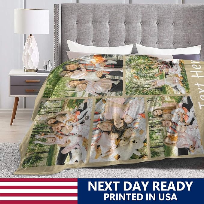 Custom Blanket with Picture Text, Personalized 5 Photo Blanket, HD Printing Customized Flannel Throw Blanket Gifts for Mom Dad Couple Girlfriend Boyfriend Wife Husband Christmas