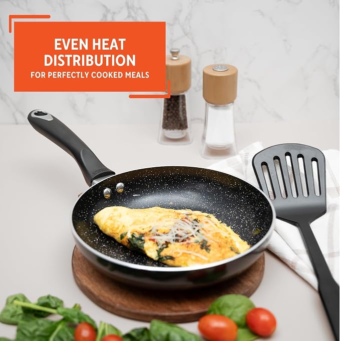 IMUSA 8 Inch Bistro Cera Aluminum Speckled Black Ceramic Fry Pan | Speckled Ceramic Nonstick Coating, Cool-Touch Handle, Ideal for Pan-Frying and Sautéing, Great for Everyday Home Cooking