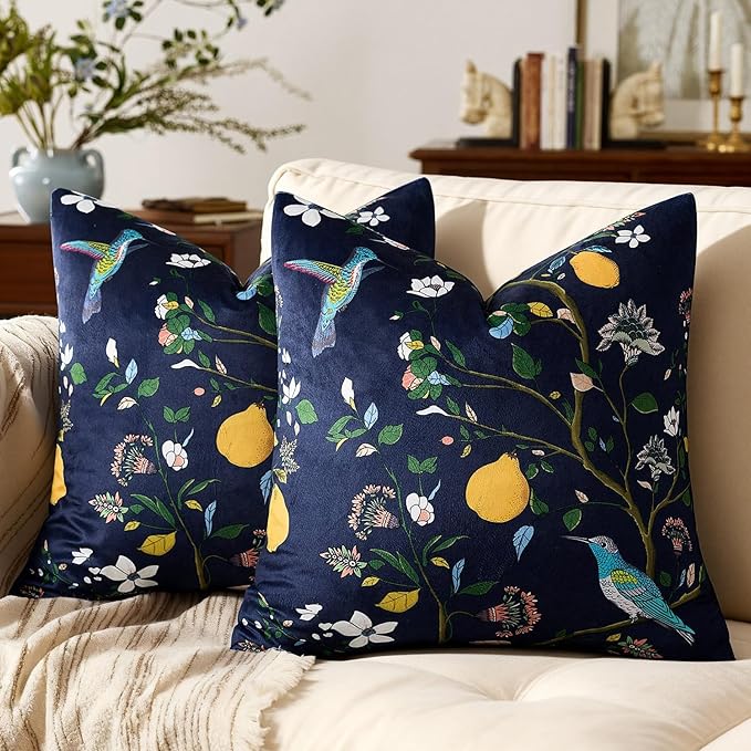 MUSSEL Navy Blue Velvet Floral Decorative 20x20 Pillow Covers Set of 2 | Durable Sturdy,Botanical Printed Pattern,Throw Pillows Case,Square,Colorful Mid Century Cushion Covers,Sofa Couch Decor