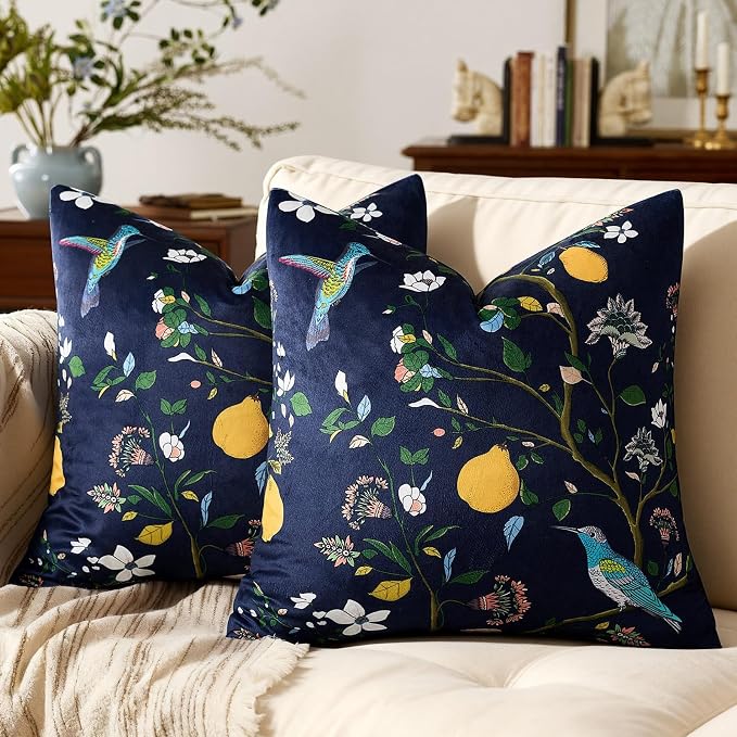 MUSSEL Navy Blue Velvet Floral Decorative 16x16 Pillow Covers Set of 2 | Soft Durable and Sturdy,Bird Plant,Throw Pillows Case,Square,Colorful Modern Cushion Covers,Home Sofa Bed Couch Decor