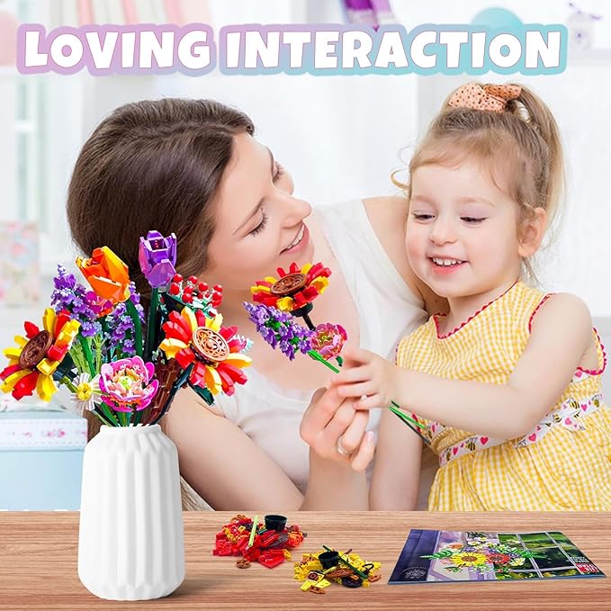 Flower Bouquet Building Set, 976 PCs Botanical Collection Kit with Sunflowers, Chamomile, Lavender, Lulips, DIY Unique Office Home Decor Gift for Christmas, Mother's Day & Valentine