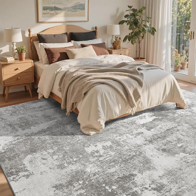 9x12 Ft Extra Large Washable Area Rugs for Living Room, Soft Non-Slip Modern Abstract Pattern Carpet for Bedroom Indoor Floor Nursery Home Decor (Light Grey)