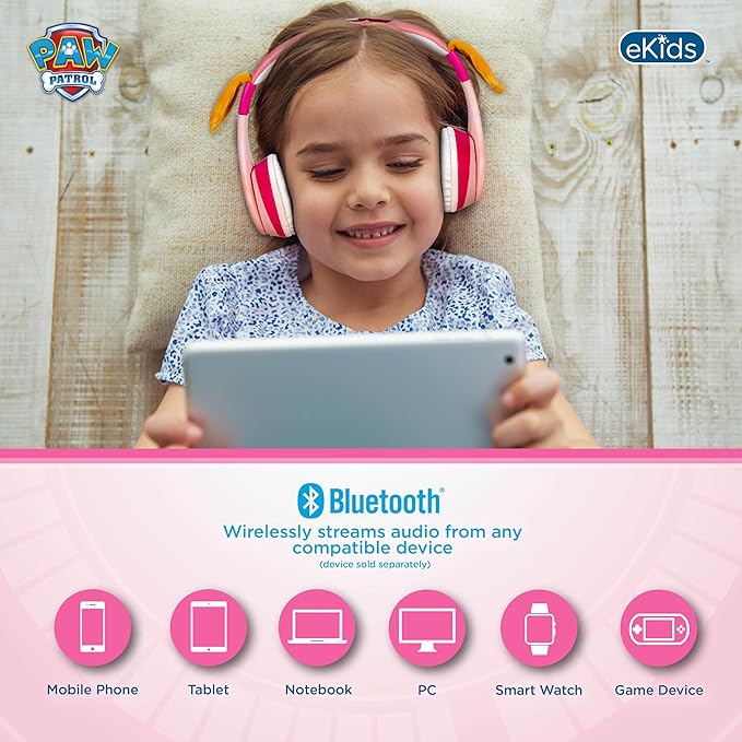 eKids Paw Patrol Skye Liberty Bluetooth Headphones for Kids, Wireless Headphones with Microphone Includes Aux Cord, Earphones for School, Home, or Travel (Paw Patrol Skye Liberty)