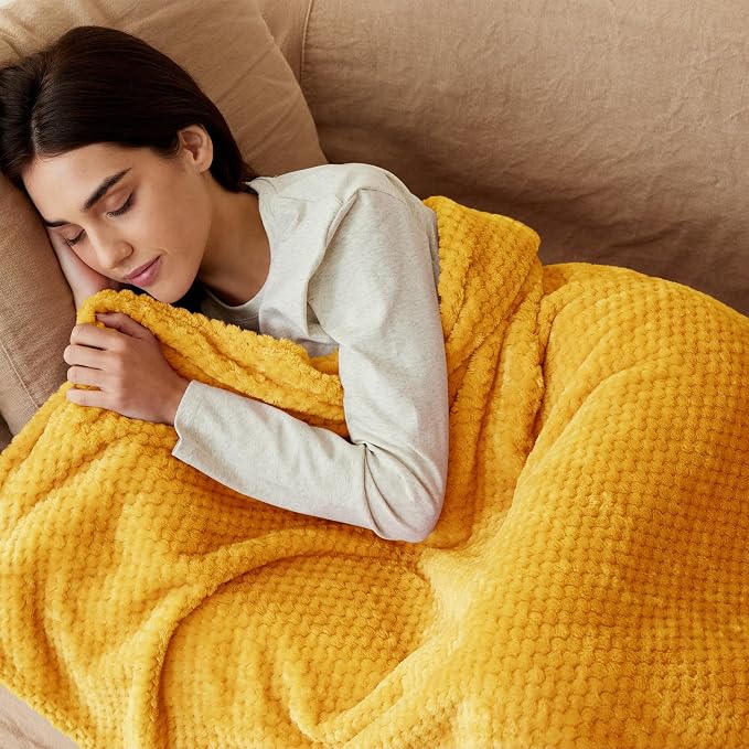 Exclusivo Mezcla Large Waffle Fleece Throw Blanket for Couch, Mustard | Lightweight Soft Blanket for Sofa, Bed, Living Room, Plush Fluffy Throw for Home Decor, Travel, All Season, 50x70 Inches