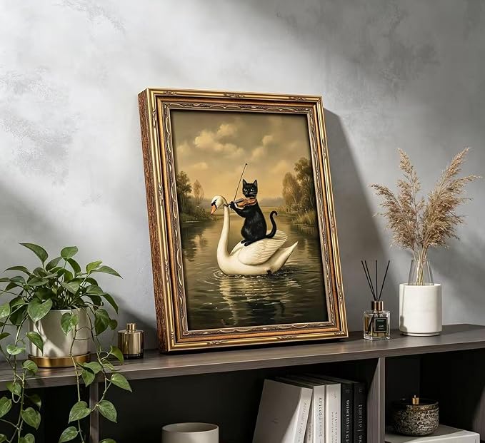 Vintage Gold Framed Black Cat Wall Art,Dark Academia Swan Painting Canvas Print,Moody Cottagecore Cute Animal Wall Decor, Rustic Farmhouse Animal Poster Artwork for Living Room Bedroom Bathroom