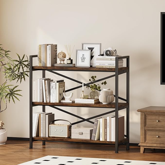 3 Tier Bookshelf 31.49" Width, Wood and Metal Etagere Bookcase, Vintage Farmhouse Modern Wooden Big Book Shelf for Home Living Room Bedroom Office Storage(Rustic Brown)