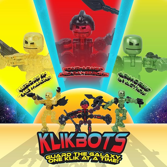 Zing Klikbot Galaxy Pack, Set of 3 Poseable Action Figures with Weapons, Includes 1 Hero (Ice), 1 Villain (Maze) and 1 Guardian (Scorpion), Stop Motion Animation Figure, Great for Kids Ages 6 and Up