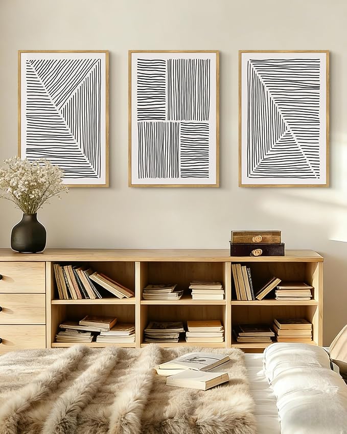 Drsoum Mid-Century Modern Framed Wall Art Large 16x24in Minimalist Abstract Boho Black Line Wall Decor Geometric Artwork Kitchen Dining Room Natural Framed