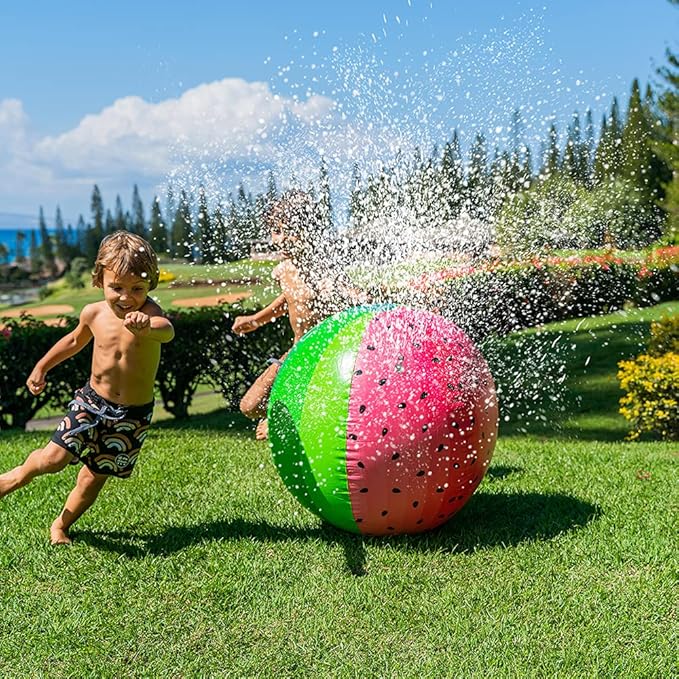 PoolCandy Giant Watermelon Inflatable Sprinkler Ball, Large Backyard Water Sprayer Beach Ball Lawn Toy, Connects to Garden Hose for Kids Adults Summer Outdoor Fun