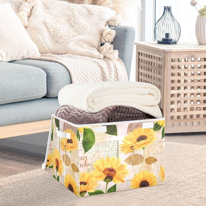 Yellow Sunflower Storage Bins with Lids and Carrying Handle,Foldable Storage Boxes Organizer Containers Baskets Cube with Cover for Home Bedroom Closet Office