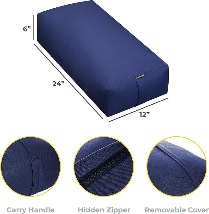 Extra Firm Large Yoga Bolster, 24" x 12" x 6" Cinched OR Zippered Yoga Pillow, Rectangular Cotton Cushion With Removable Cover for Studios, 1 Pack or 2 Pack