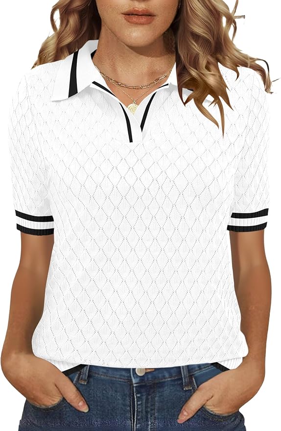 Rapbin Womens Short Sleeve Knit Polo Shirts Summer Spring Sweater Tops | Classic V Neck Collared Shirts Lightweight Business Casual Basic Fashion Pullover Polo Sweater for Work Formal Daily Wear