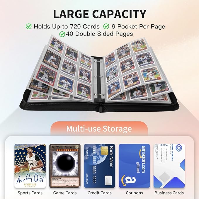 Trading Card Binder, Premium 9 Pocket 720 Double Sided Pocket Collection Binder,Card Album for TCG Card Holder for Game Card, Sports Card, Yugioh, MTG etc(Black 2)